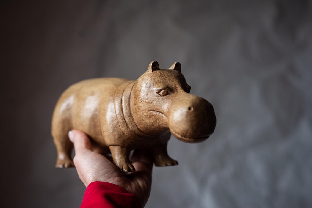 Wooden Hippo Figurine, Vintage Hand-Carved Solid Wood, 11x4.9 In