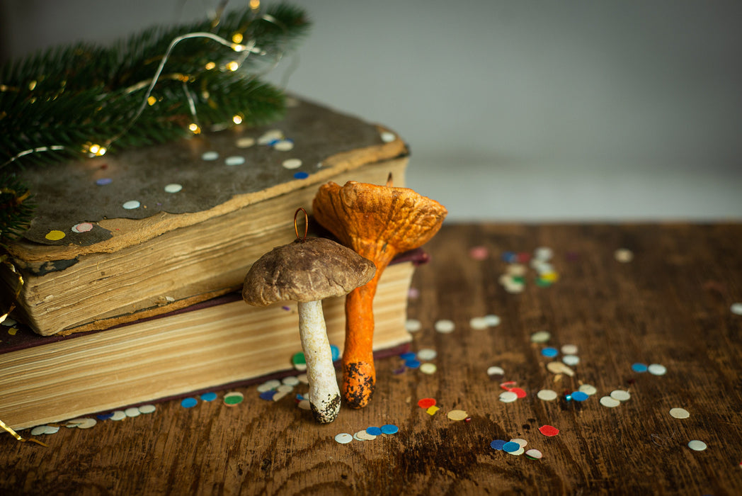 Mushroom spun cotton ornaments, Chanterelle mushroom, Xmas tree accents
