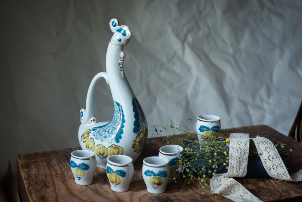 Vintage Ceramic Rooster Decanter Set, Rustic Barware, Folk Style Drink Set