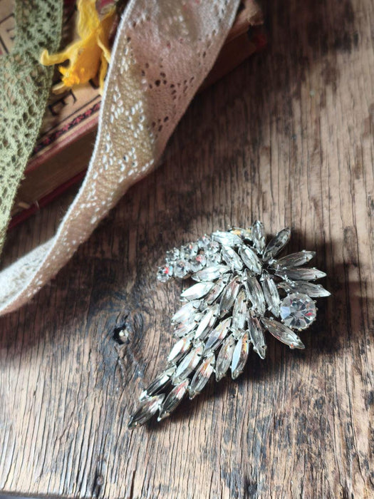 Vintage Rhinestone Brooch 1970s, Silver Tone Statement Pin with Clear Crystals