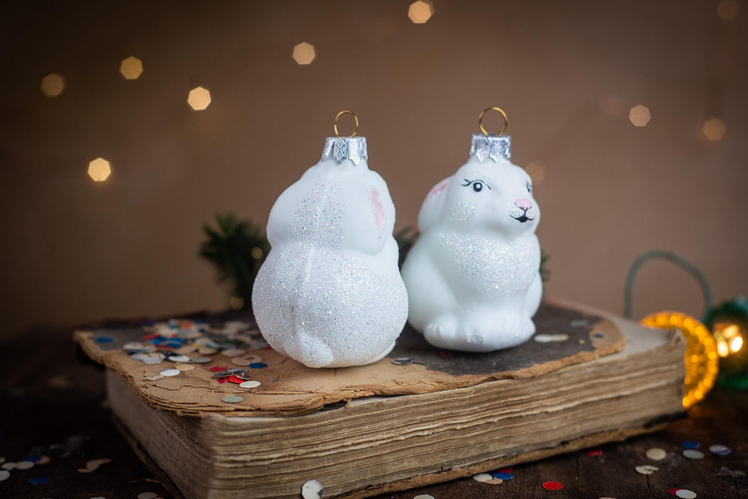 Glass rabbit ornament, Christmas ornament, white rabbit Xmas tree decoration, woodland rustic Christmas decor