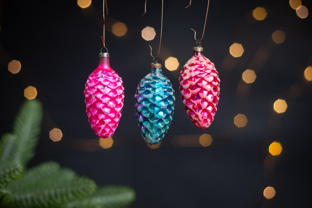 Vintage Rainbow Pine Cone Ornaments, GDR 1960s Thin Glass Set