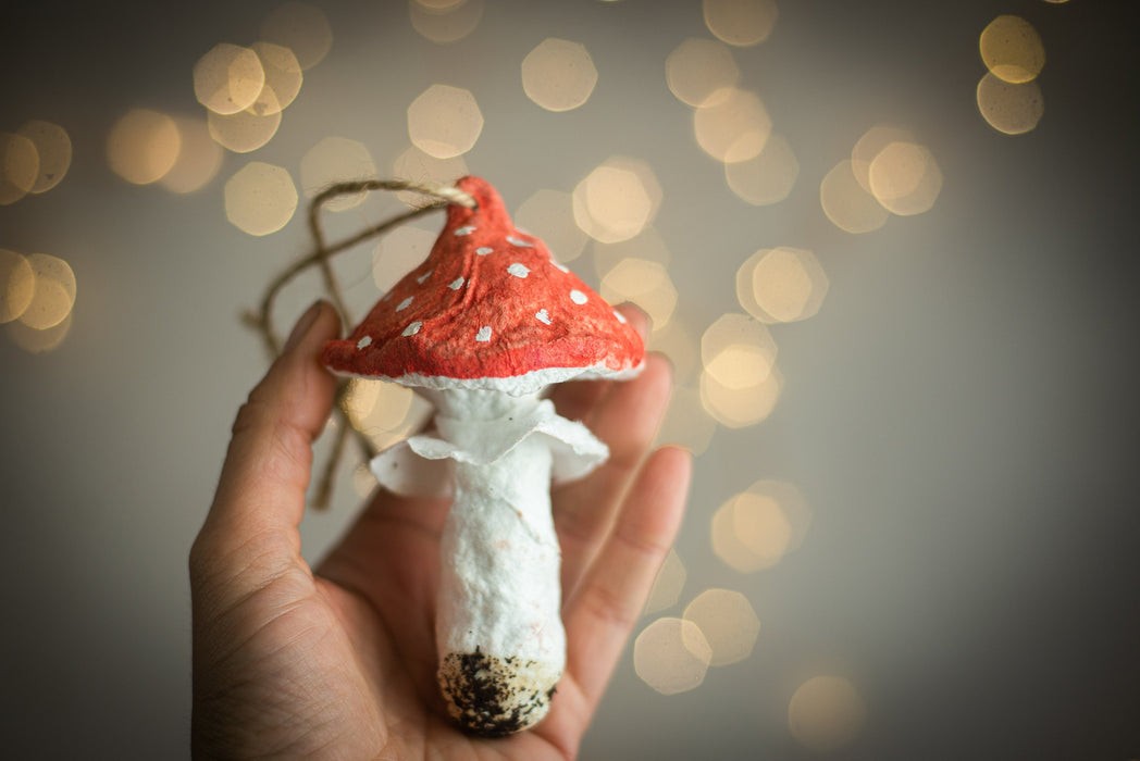Spun Cotton Mushroom Ornaments, Handmade Fly Agaric