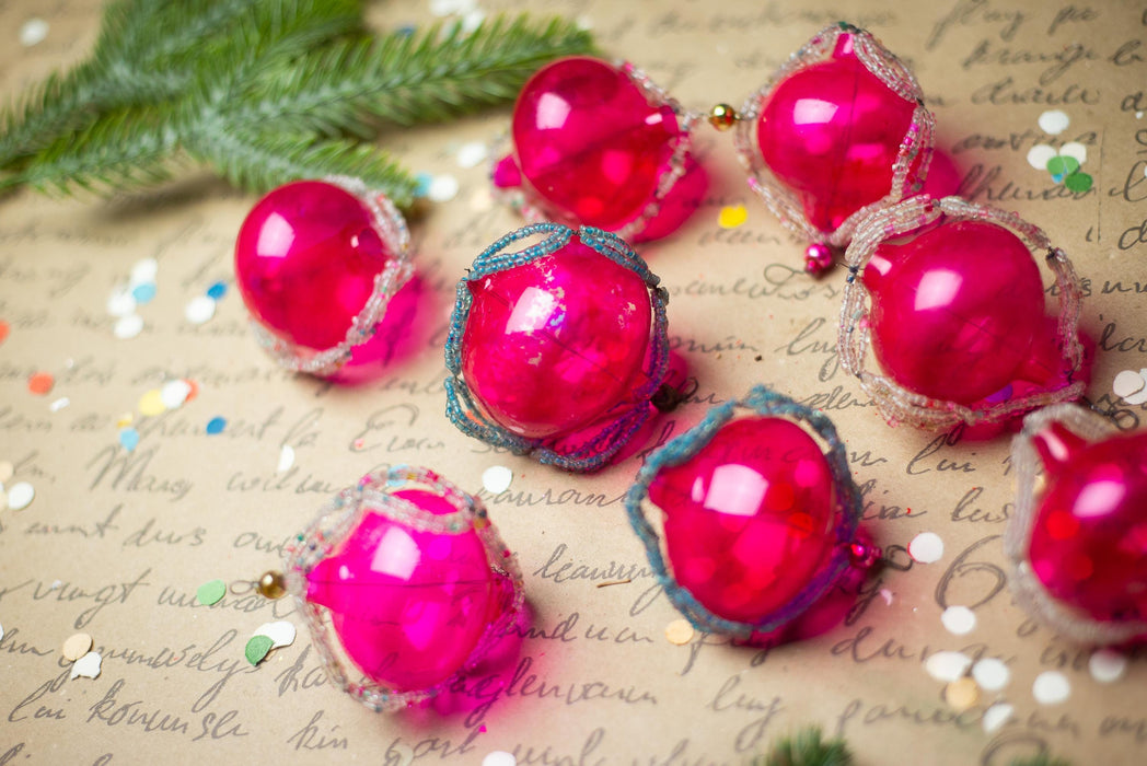 Vintage Pink Beaded Glass Ornaments – Set of 8