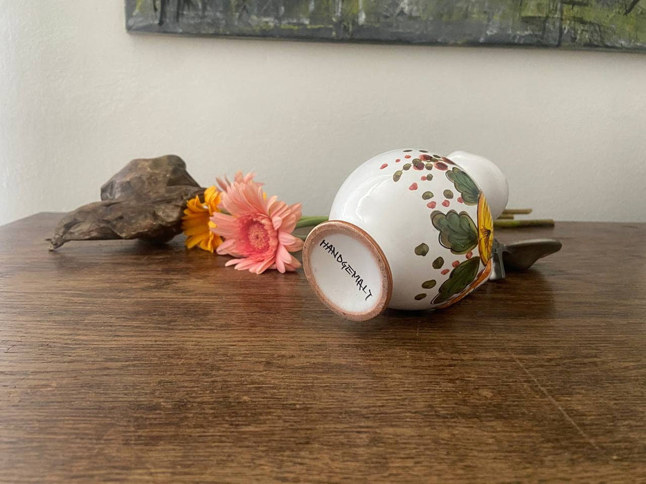 Flower Ceramic wine jug with metal lid, vintage carafe, 1970s German pitcher