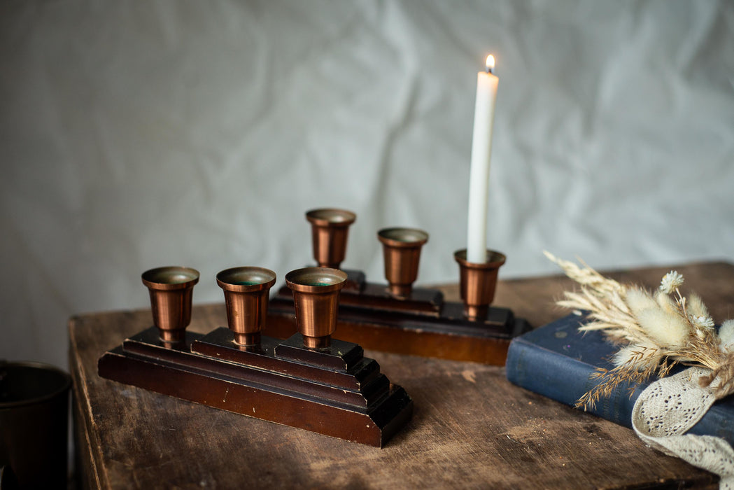 Wooden Brass Candle Holders, German Vintage Set of 2, Mid Century Candlestick Holders