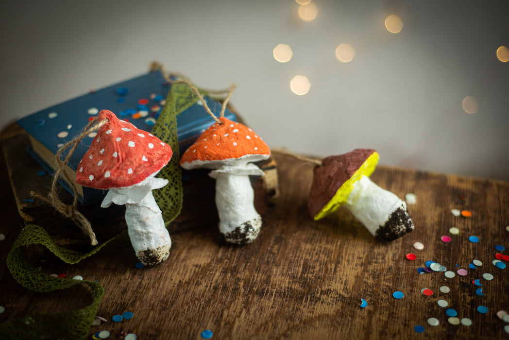 Spun Cotton Mushroom Ornaments, Handmade Fly Agaric