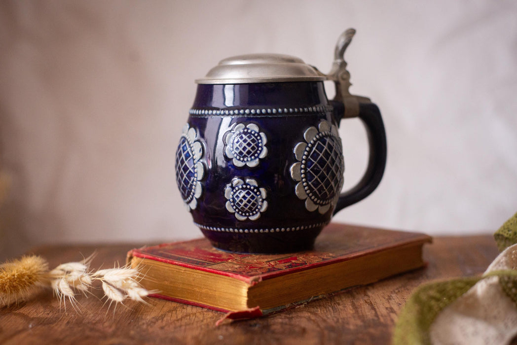 Vintage Cobalt Blue Beer Stein Bavarian Ceramic Mug with Lid