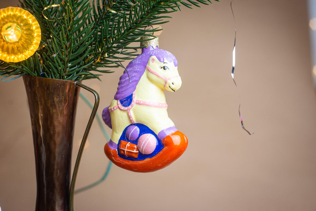 Glass Rocking Horse Ornament, Hand-Painted 3.94in Retro Carousel Decor