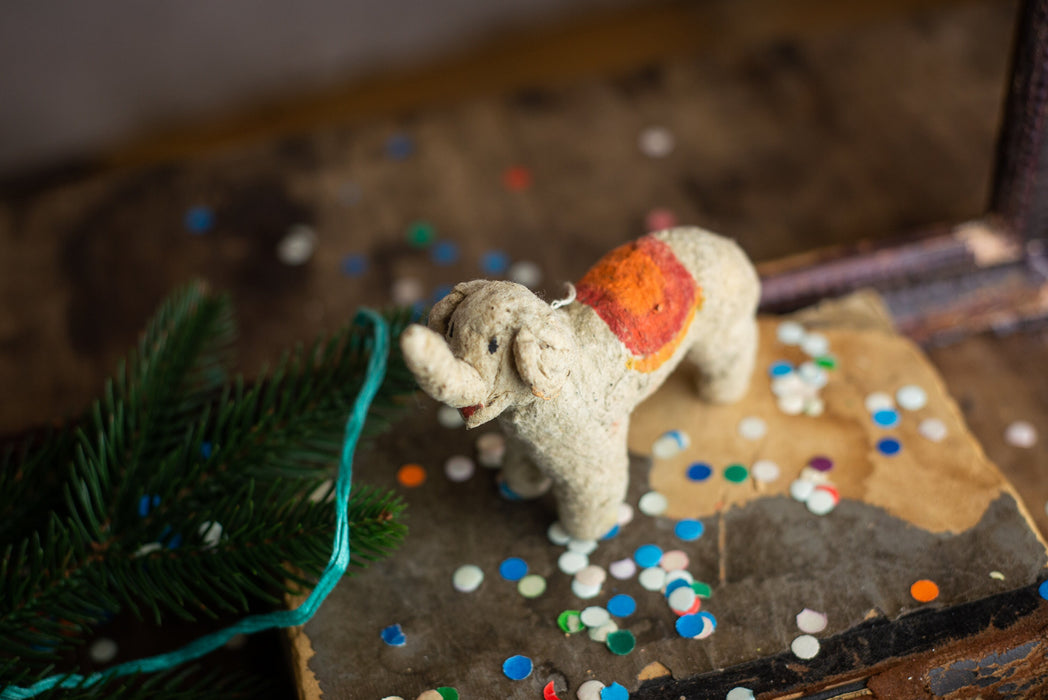 Antique Spun Cotton Elephant Ornament, Primitive