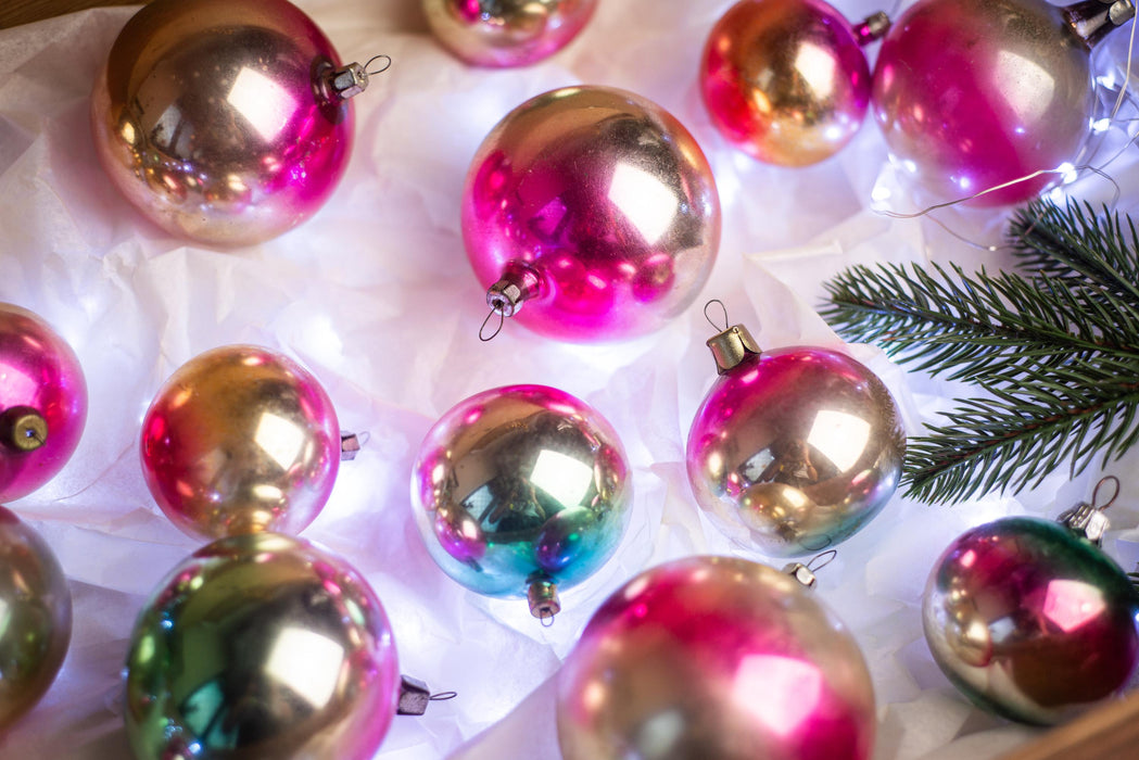 Rainbow Vintage Glass Christmas Ornaments – 1970s Boho Xmas Set (3–12 pcs)