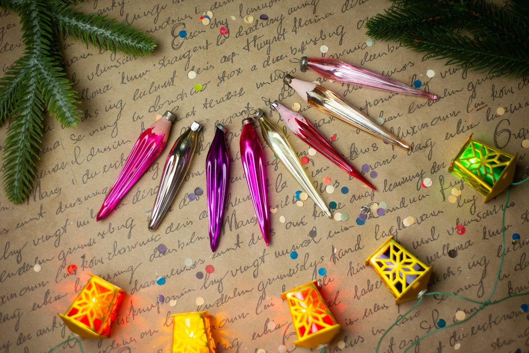 Vintage 1950s Glass Icicle Ornaments – Pink, Silver & Gold