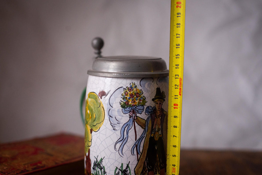 Vintage German Beer Stein Hunter Scene Ceramic Mug with Pewter Lid Bavarian Tankard