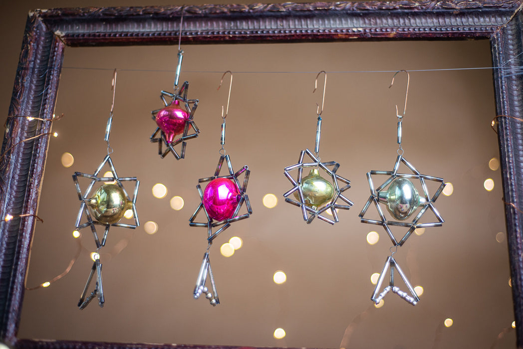 Vintage Mercury Glass Ornaments, Beaded Space Star, 1950s