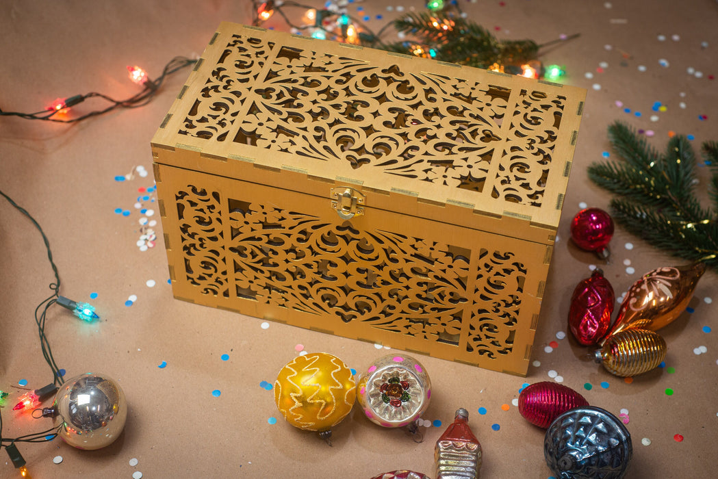 Laser Cut Wooden Keepsake Box, Gold Christmas Ornament Storage, Rustic Decor