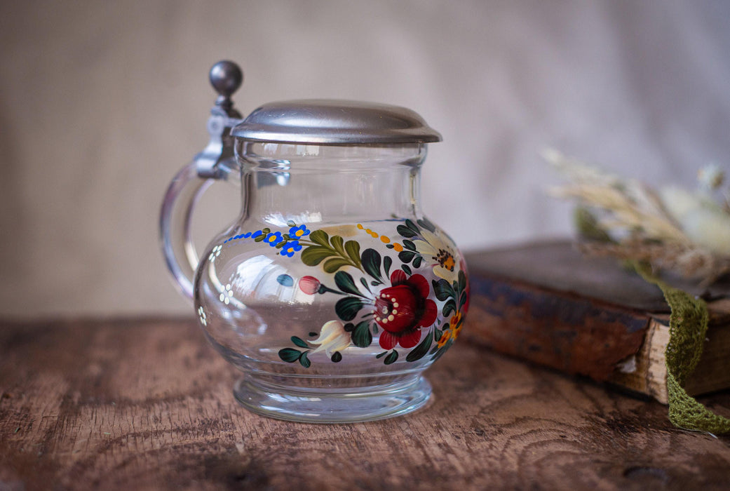 Vintage Floral Glass Beer Mug with Metal Lid, German Oktoberfest Stein