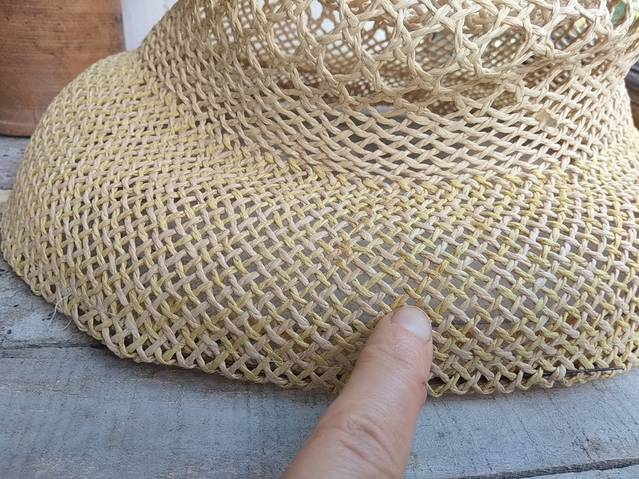 Vintage 1990s Straw Sun Hat, Translucent Light Yellow Wide Brim Boho Style