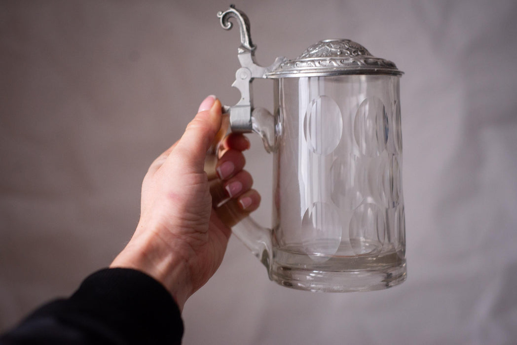 Vintage Glass Beer Stein with Pewter Lid German Barware Tankard