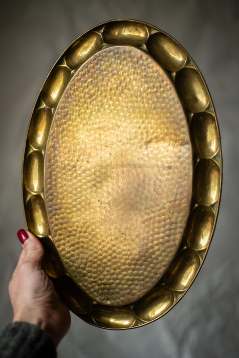 Vintage Brass Tray - 1950s German Oval Hammered Metal Serving Platter