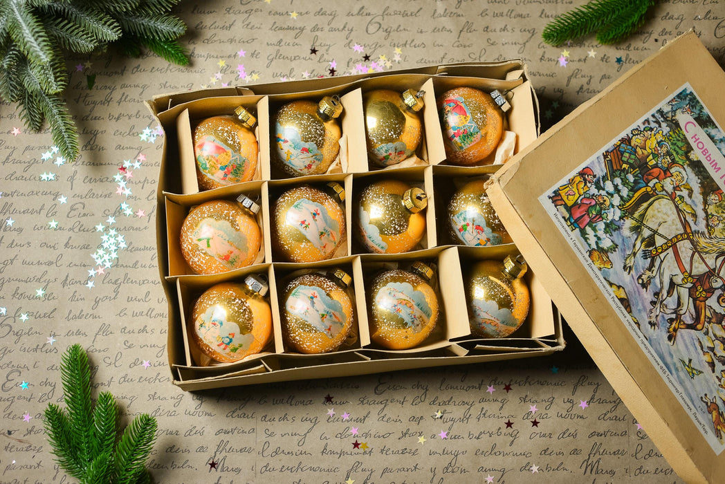 Vintage Glass Ornaments – Set of 12 Gold Christmas Baubles with Snowy Winter Scenes