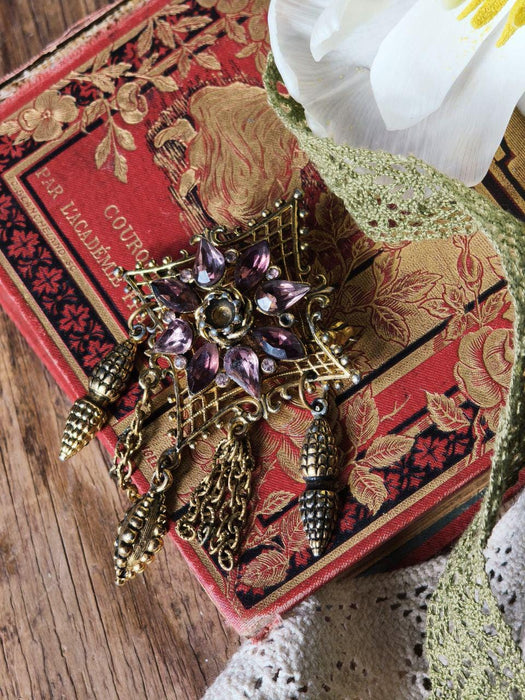 Vintage Purple Crystal Brooch, Ornate Brass Statement Pin Art Deco Style