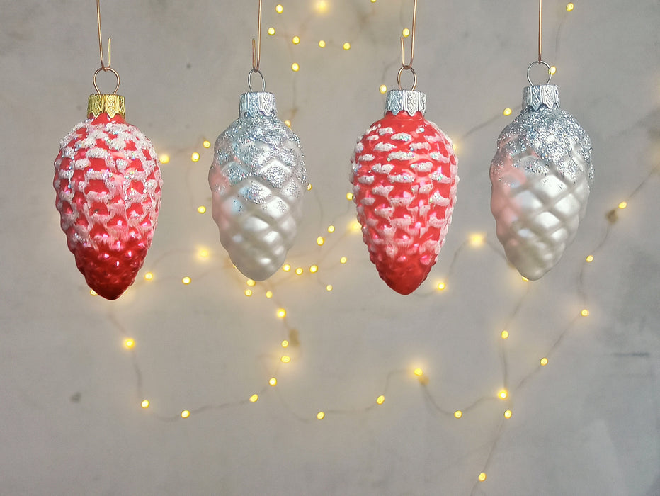 Glass Pine Cone Ornament with Snow, Hand-Painted Bohemian