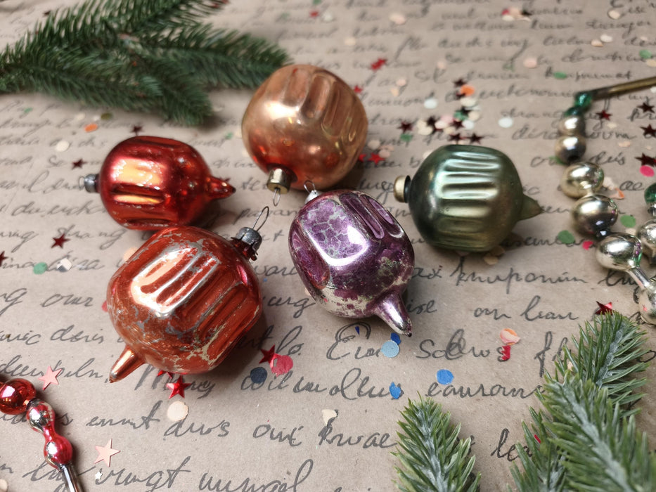 Vintage Glass Christmas Ornaments Set of 5, Ribbed Lantern Baubles, 1970s