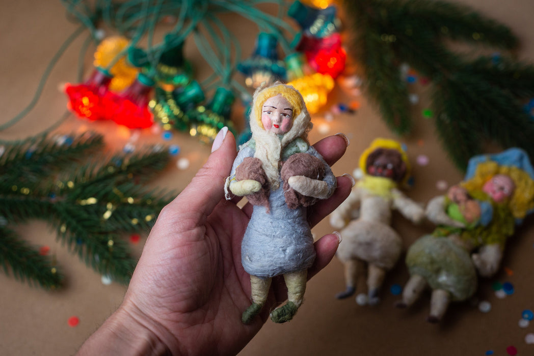 Spun cotton antique Christmas ornaments, girl figurine Xmas tree decoration, collectible