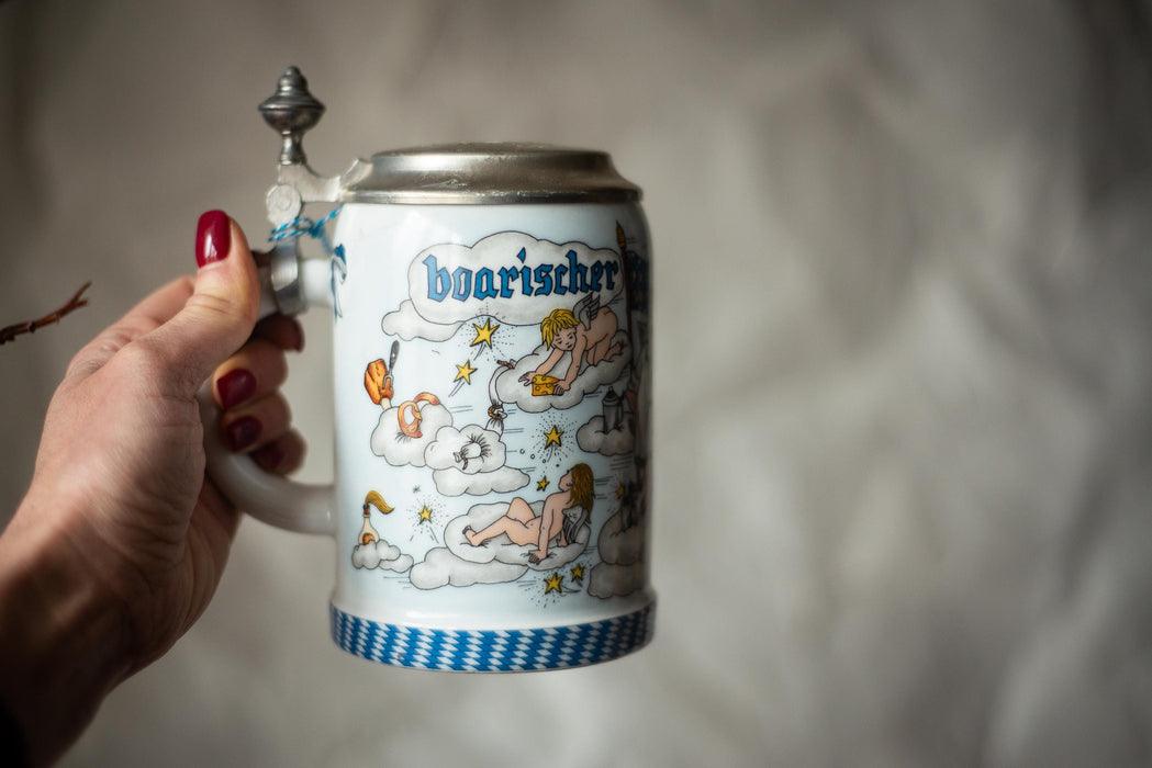 Vintage German Ceramic Beer Steins with Pewter Lids Folk Art Barware