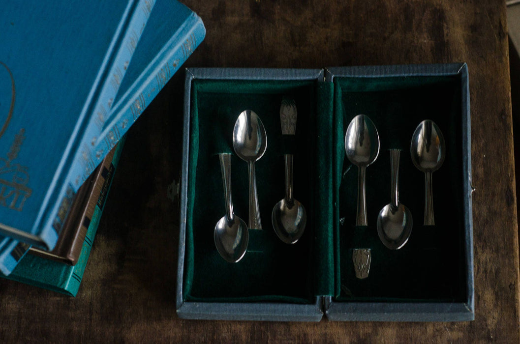 vintage tea spoon set, Silver Tone Dessert Spoons in Original Box