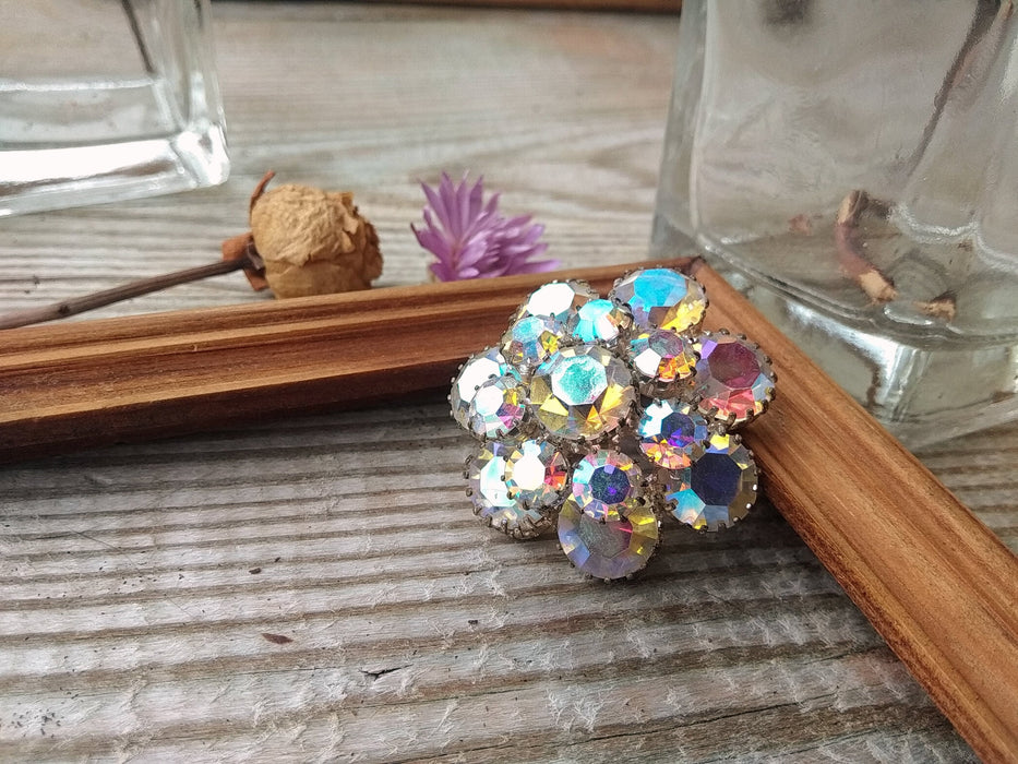 Vintage Rhinestone Flower Brooch, Round Sparkling Pin 1970s Jewelry