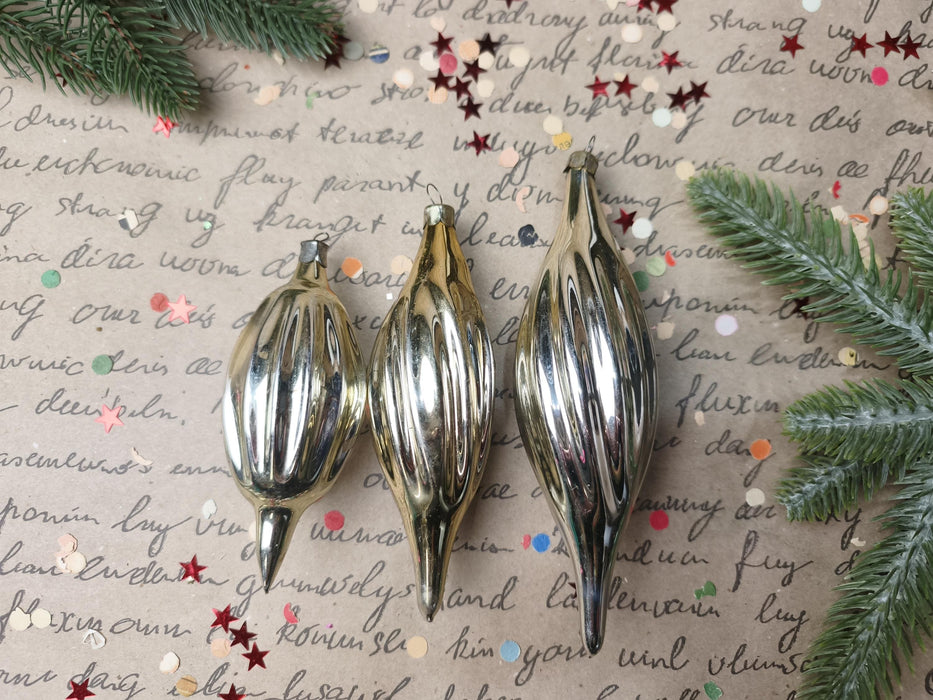 Vintage Silver Glass Christmas Ornaments, Ribbed Icicles and Lantern Bauble Sets