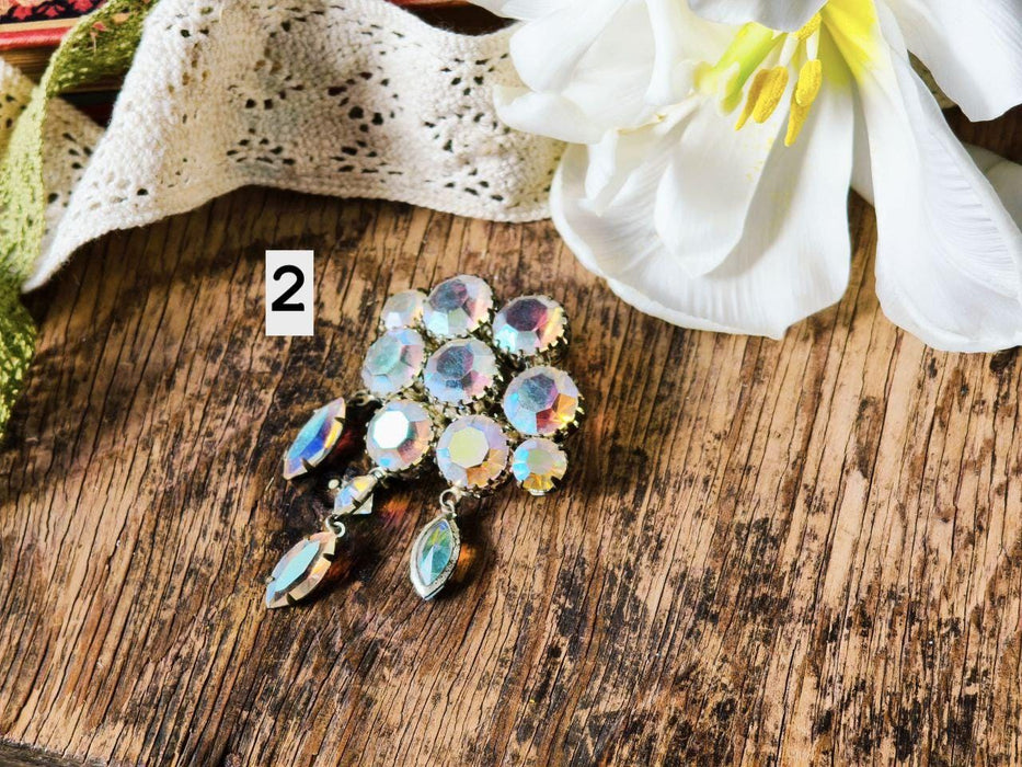 Vintage Rhinestone Brooch, Iridescent Crystal Pin Art Deco Style Statement