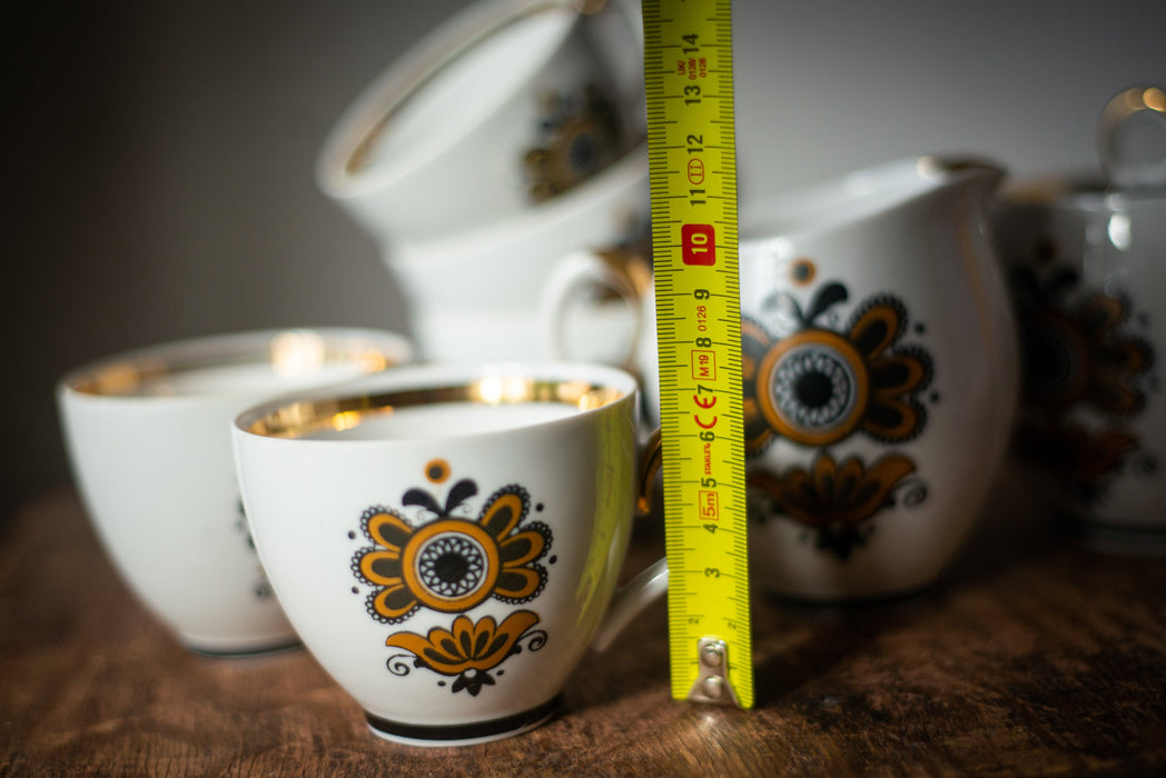 Vintage Ceramic Tea Set with Gold Trim, Boho Floral Cups Sugar Bowl and Jug