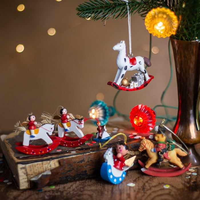 Vintage Wooden Rocking Horse Ornament, Bavarian Christmas
