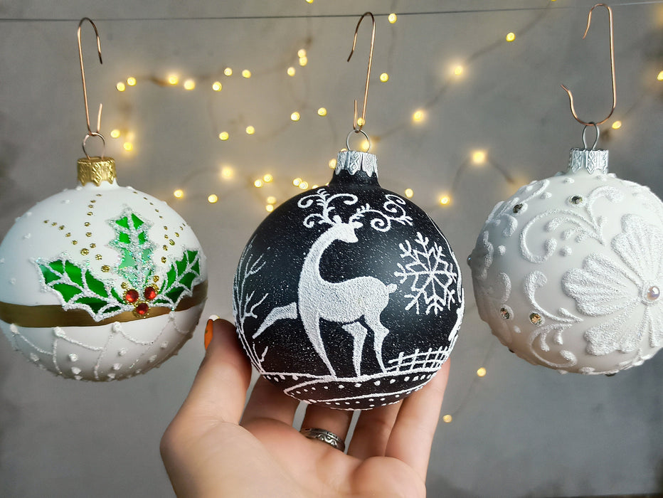 Black White Christmas Baubles Set, Hand Painted Glass