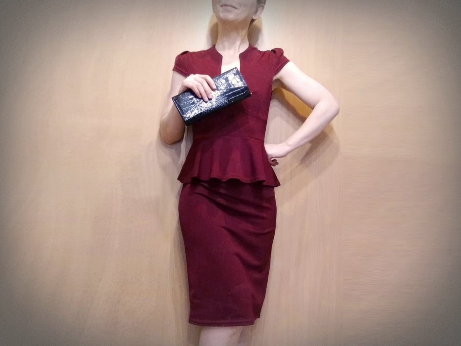 Vintage Peplum Dress - Burgundy Midi Knee Length Sheath With Deep V-Neck