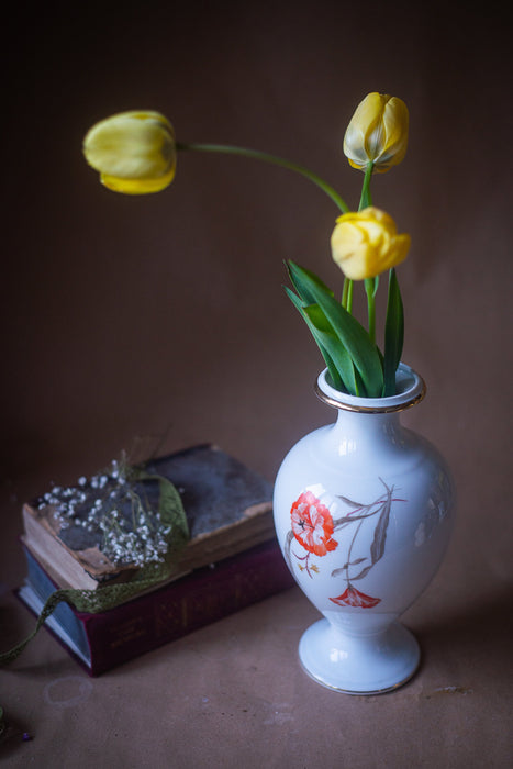 Vintage white porcelain vase, with red poppies, thomas Bavaria vase, 70th