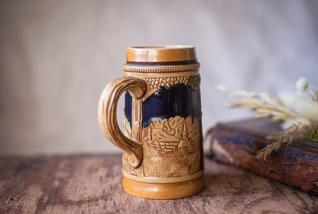 Vintage Ceramic Beer Mug German Folk Relief Stein Oktoberfest Barware