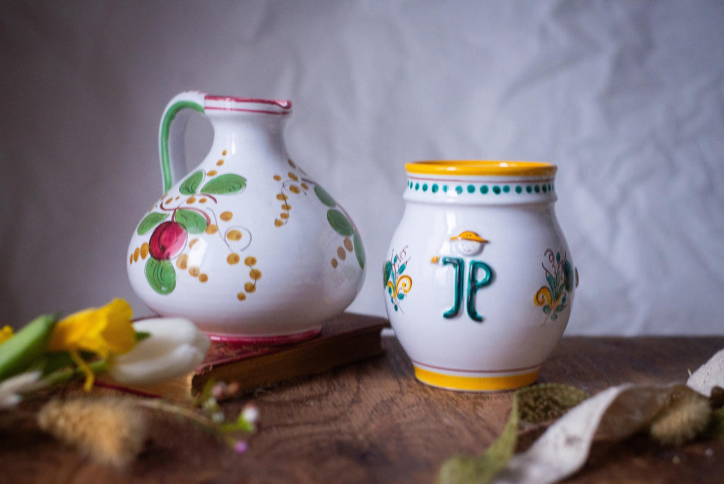 Vintage Italian Majolica Pitcher 1970s Hand Painted Ceramic Jug