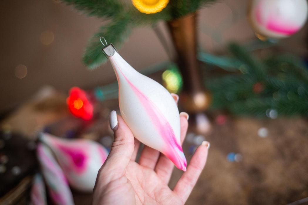 Vintage Pink and White Glass Christmas Ornaments, Set of 5 Bohemian Icicle Baubles