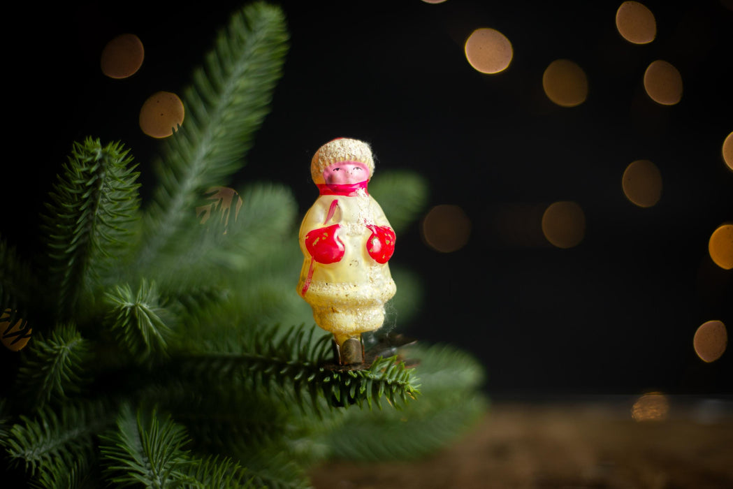 Vintage Glass Christmas Ornament Girl with Red Mittens