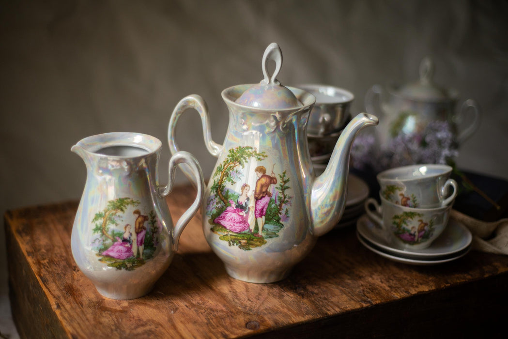 Vintage Madonna Tea Set Lusterware 15 Pieces, German, Art Deco Porcelain Tea Set, Romantic Scene