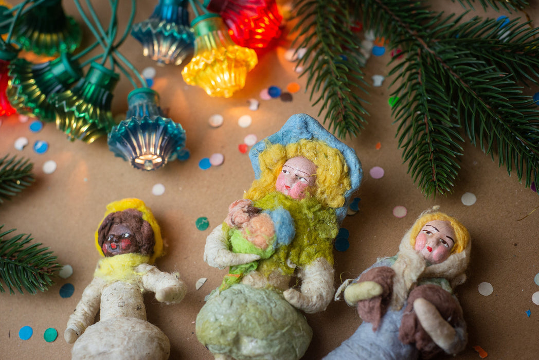 Spun cotton antique Christmas ornaments, girl figurine Xmas tree decoration, collectible