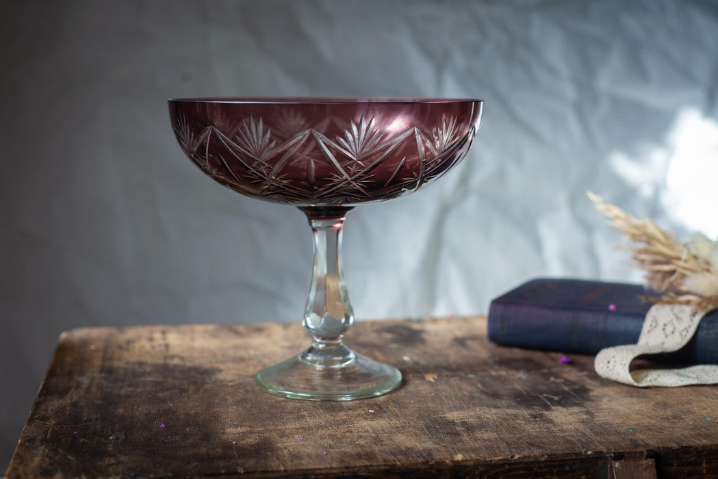 Vintage Amethyst Glass Pitcher & Czech Crystal Fruit Bowl, Mid Century Retro Tableware, 70s Purple Glass