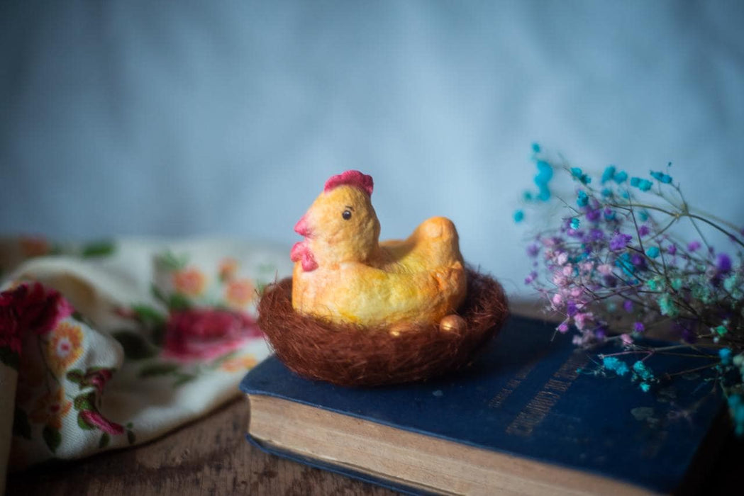 Broody Chicken Figurine – Rustic Easter Decor Paper Mache Doll With Eggs