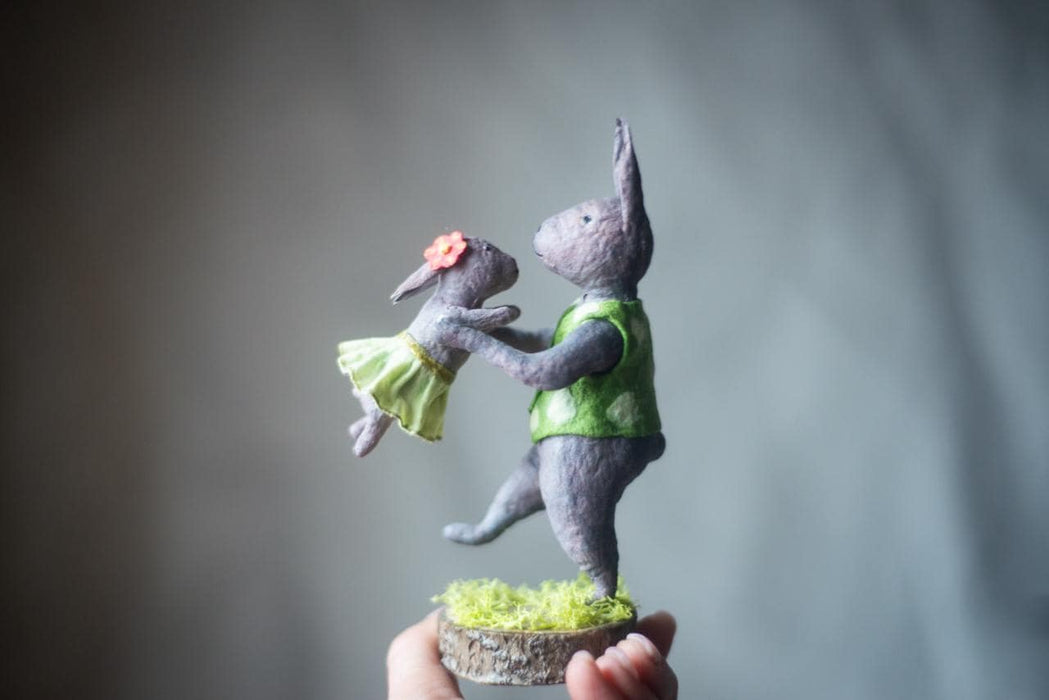 Father Bunny Figurine - Rustic Easter Decor Spun Cotton Collectible Rabbit Doll