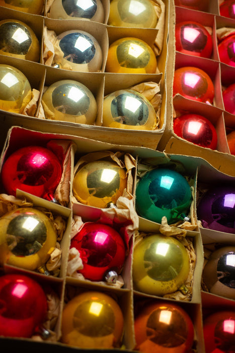 Vintage Red Glass Christmas Ball Ornaments Set of 12, Original Soviet Box