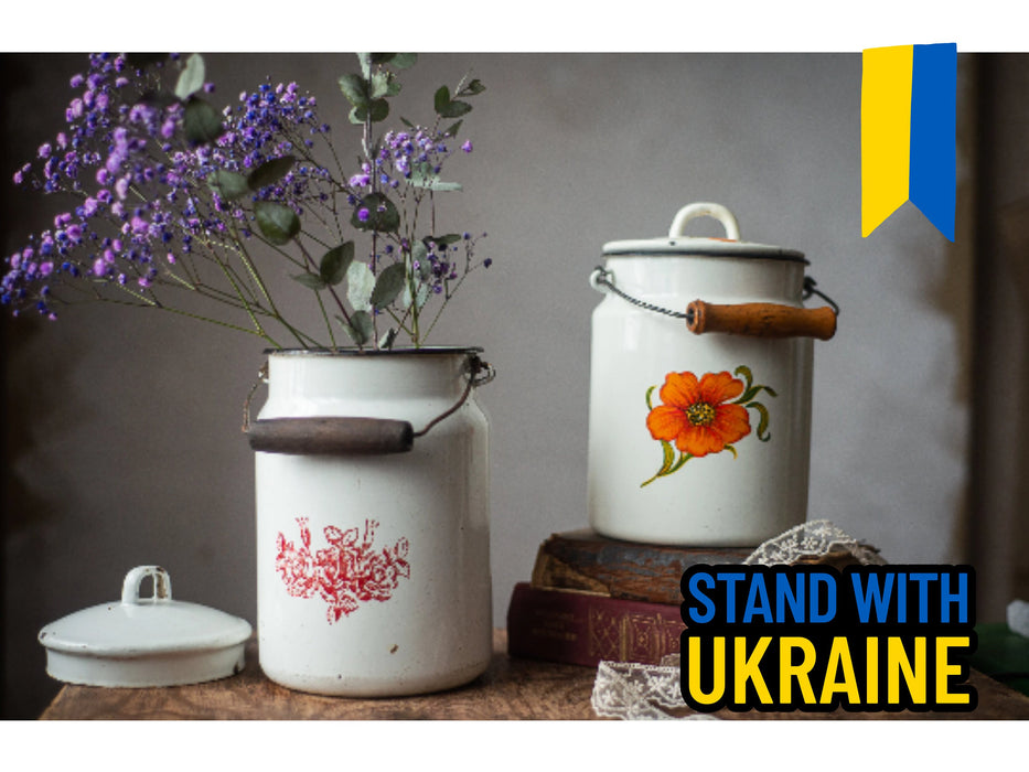 Vintage Enamel Milk Canister | 23.5 cm (9.25 in) Tall, White Red Floral +Lid