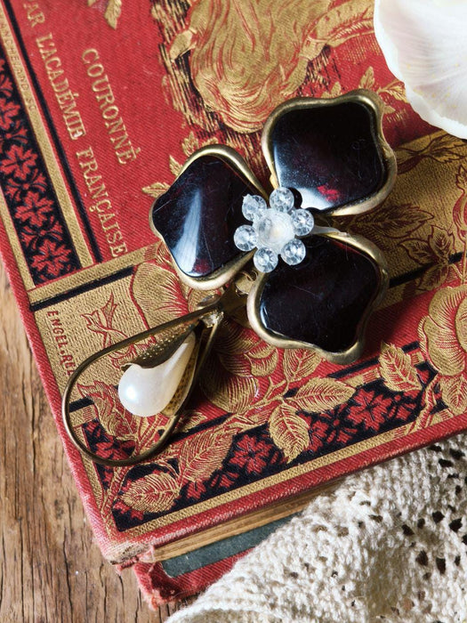 Vintage Flower Brooch Wine Red Glass Art Deco Faux Pearl Pendant Pin